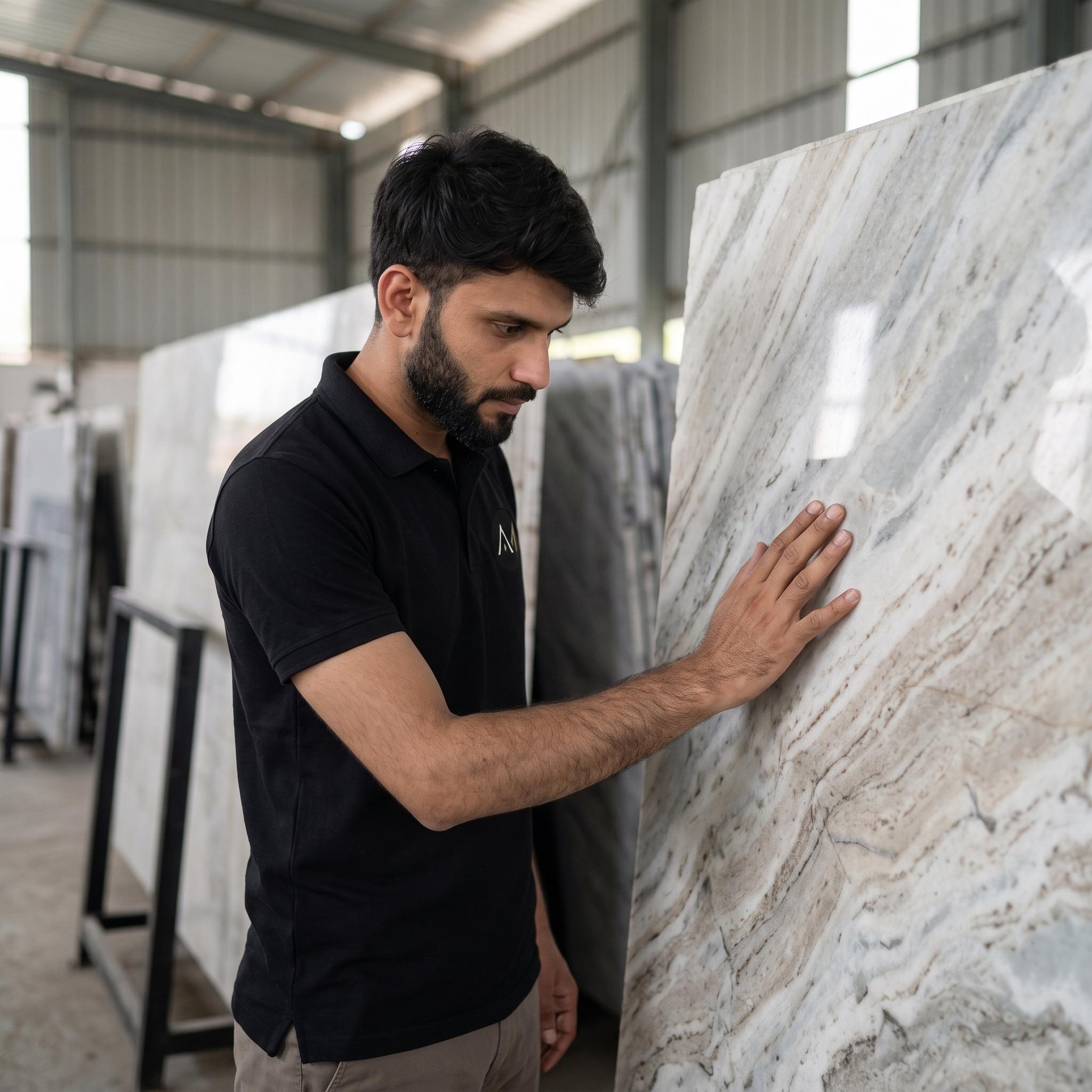 Inspecting the natural texture and veins of marble in Kishangarh